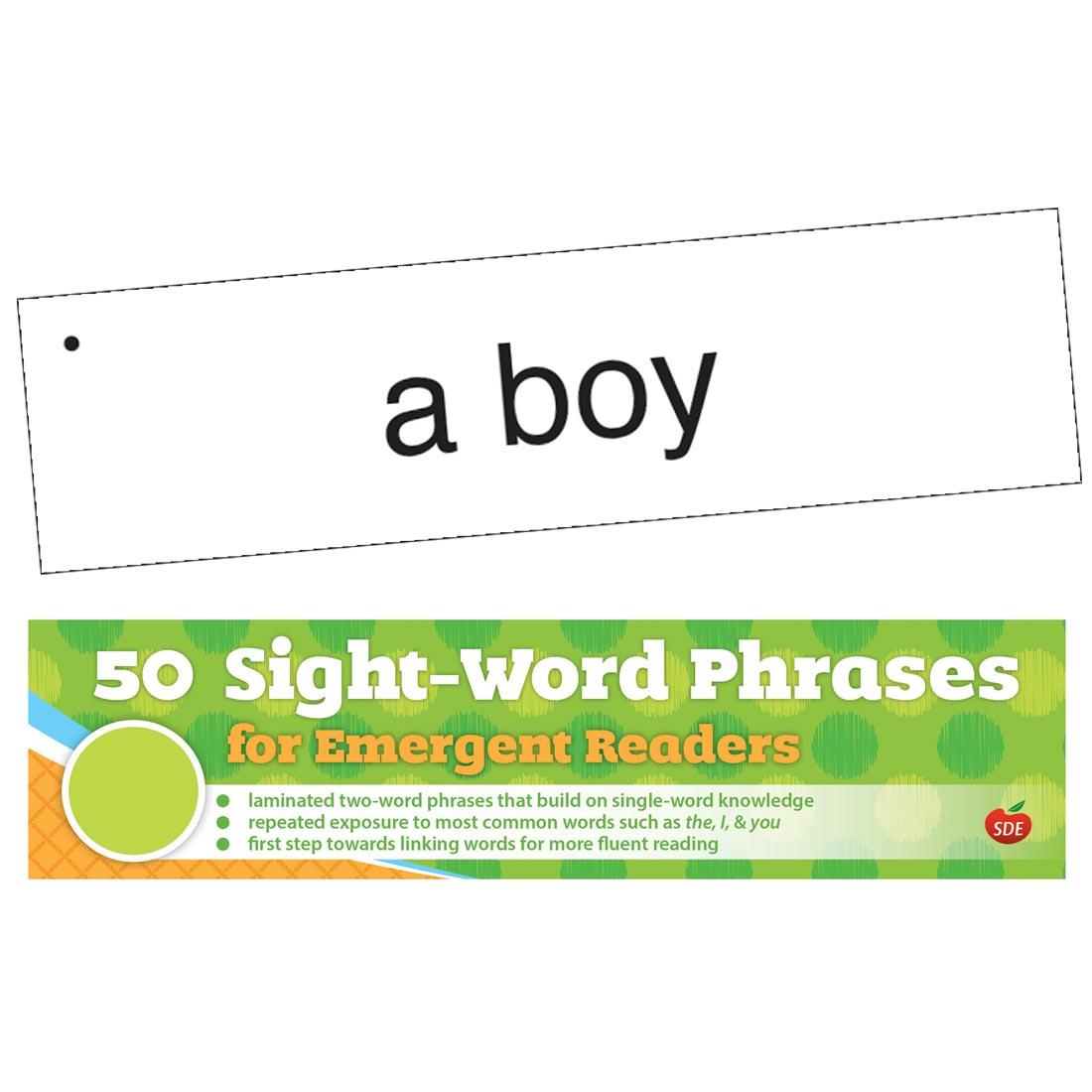 50 Sight-Word Phrases Cards for Emergent Readers; sample card with the text a boy