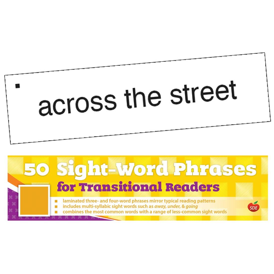 50 Sight-Word Phrases Cards for Transitional Readers; sample card with the text across the street