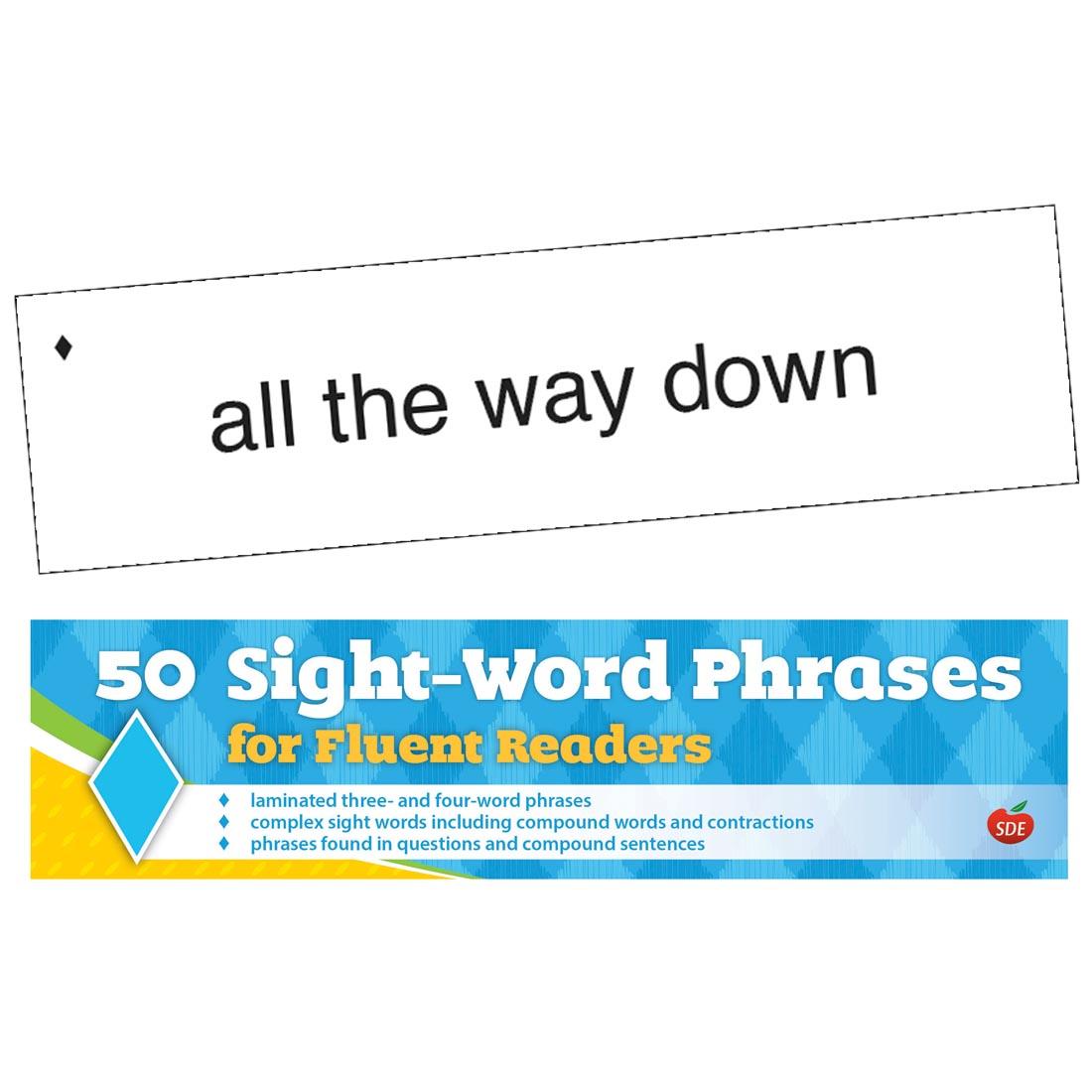 50 Sight-Word Phrases Cards for Fluent Readers; sample card with the text "all the way down"