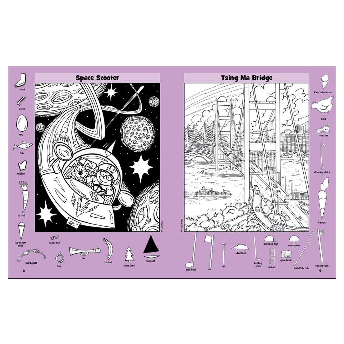 Space Scooter and Tsing Ma Bridge pages from the Highlights Hidden Pictures Travel Puzzles