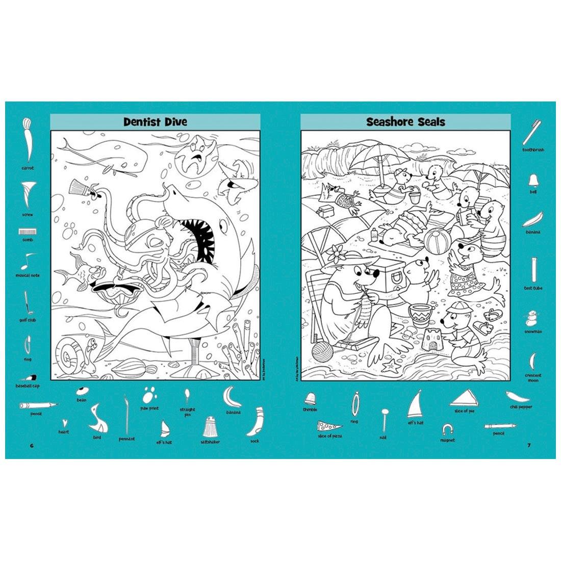 2 pages from the Highlights Hidden Pictures Ocean Puzzles book