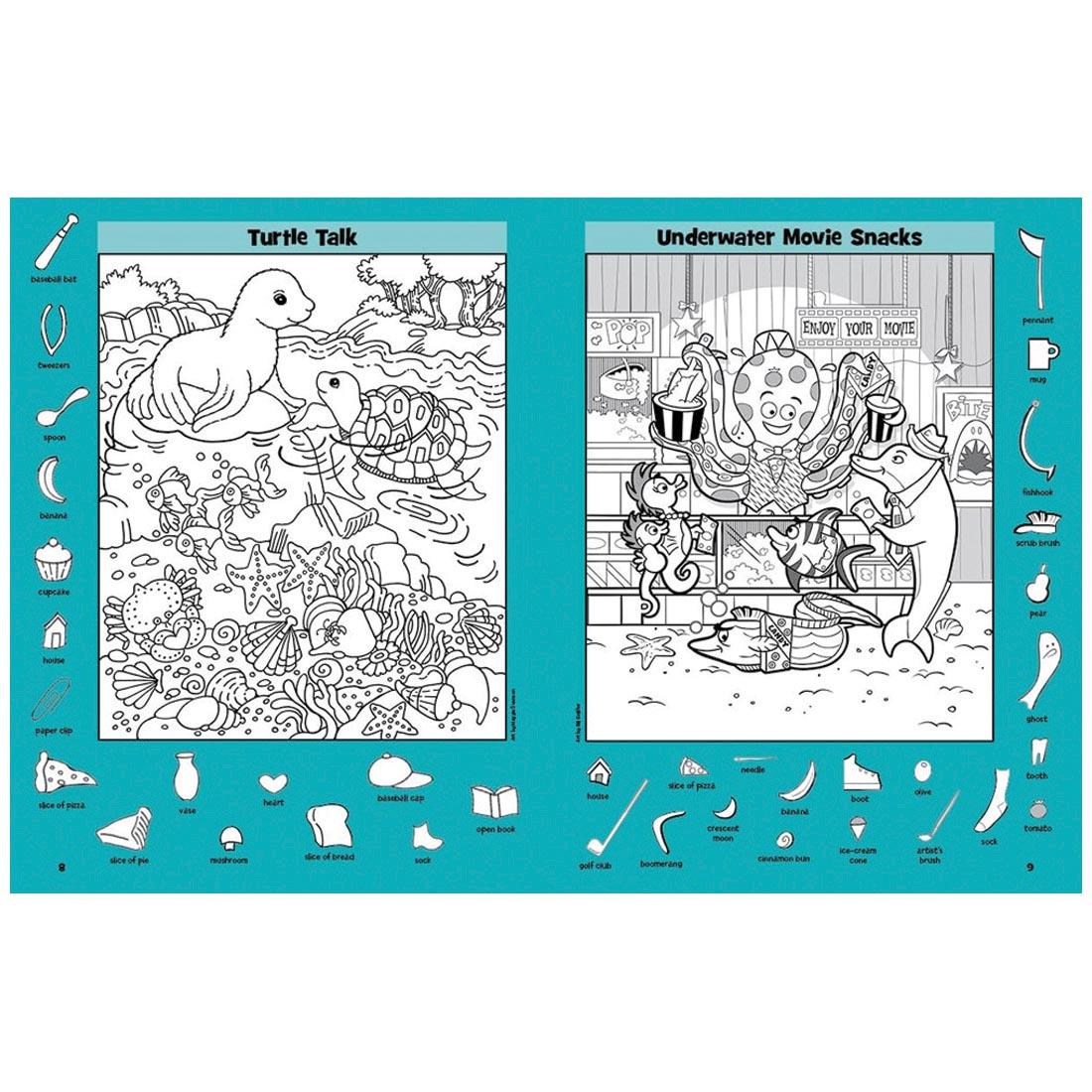 2 pages from the Highlights Hidden Pictures Ocean Puzzles book