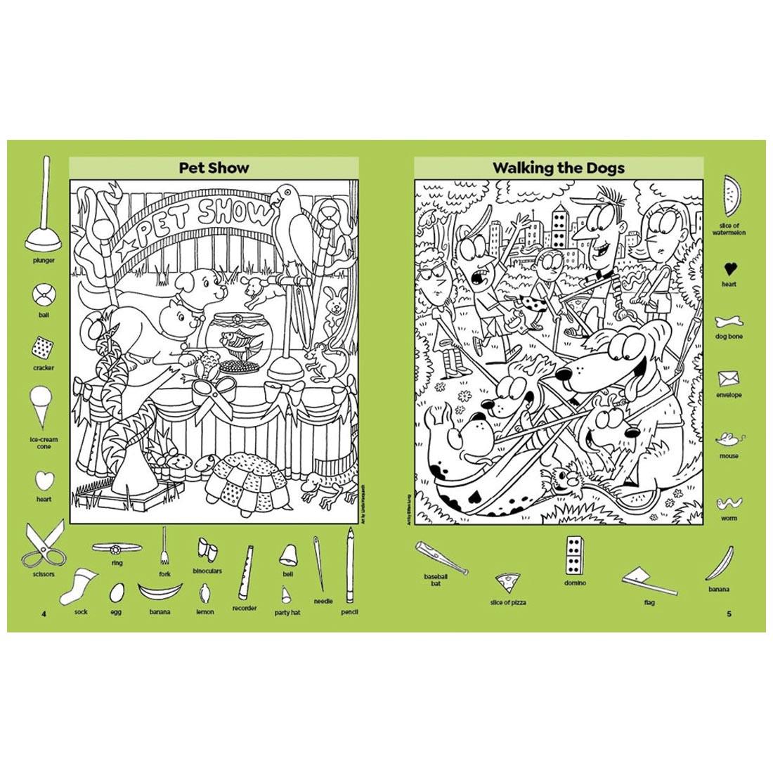 2 pages from the Highlights Hidden Pictures Pet Pals Puzzles book