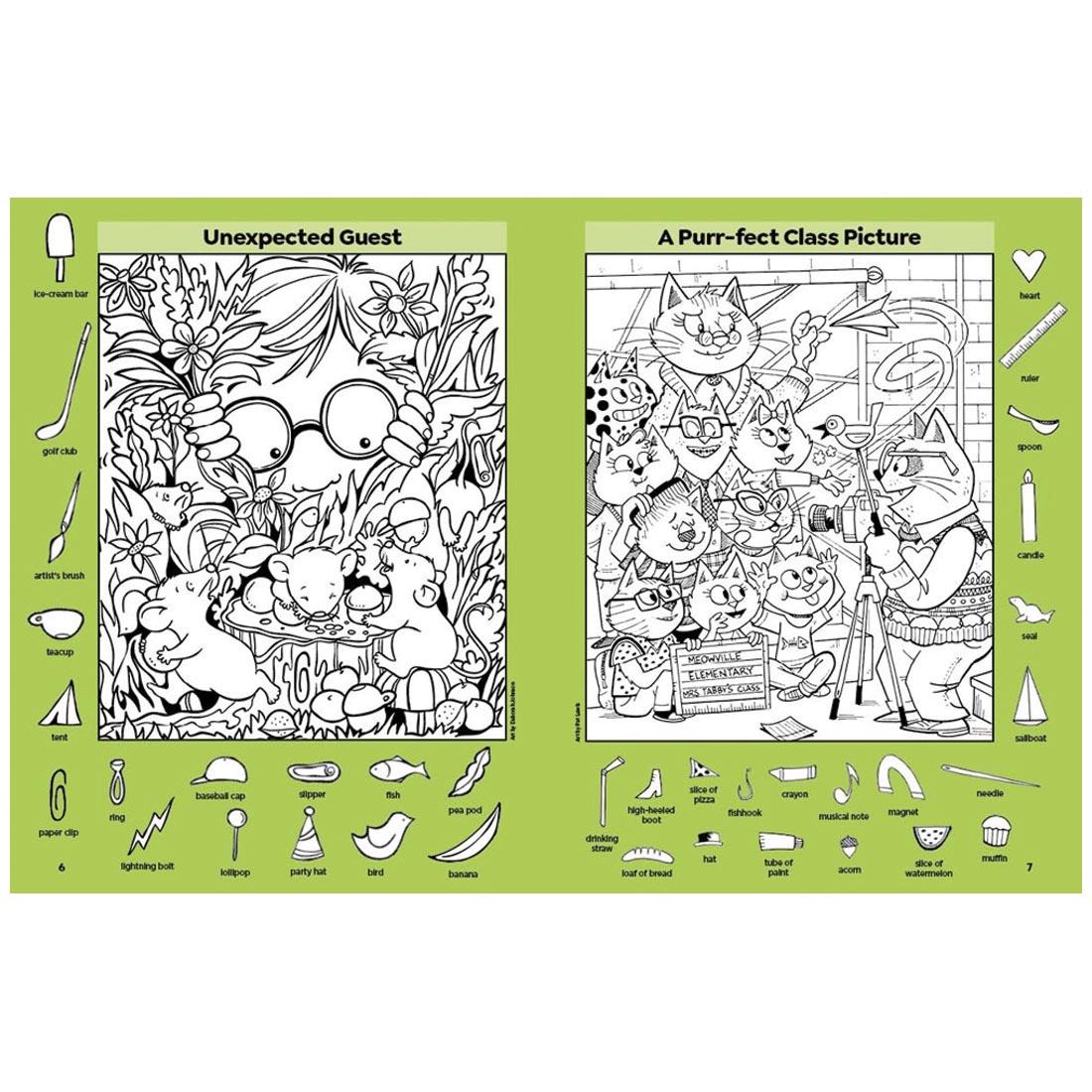 2 pages from the Highlights Hidden Pictures Pet Pals Puzzles book