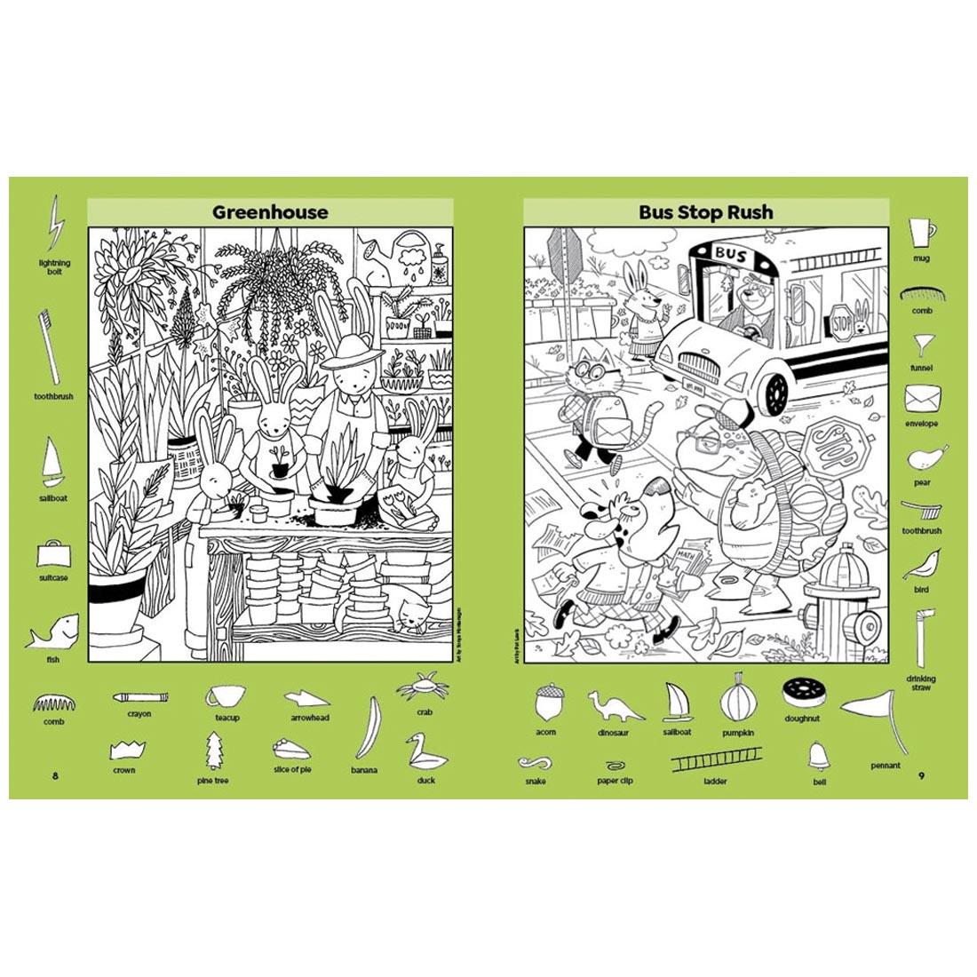 2 pages from the Highlights Hidden Pictures Pet Pals Puzzles book