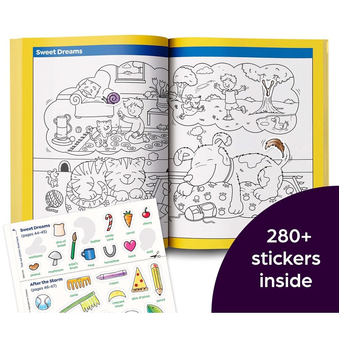 example pages of Highlights Hidden Pictures Pet Sticker Puzzles with text 280+ stickers inside