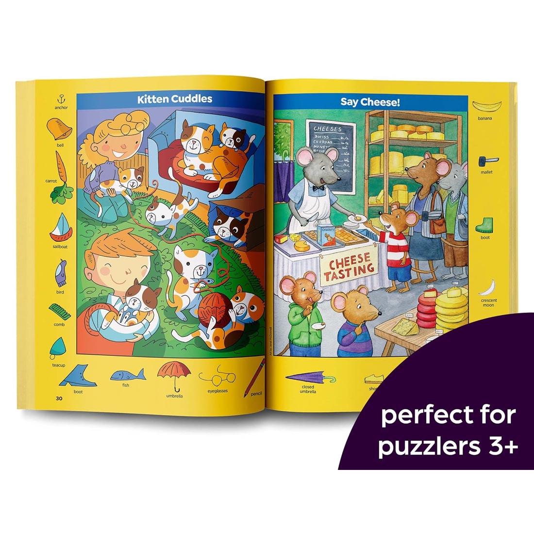 open book of Highlights Hidden Pictures Pet Sticker Puzzles with text overlay perfect for puzzlers 3+