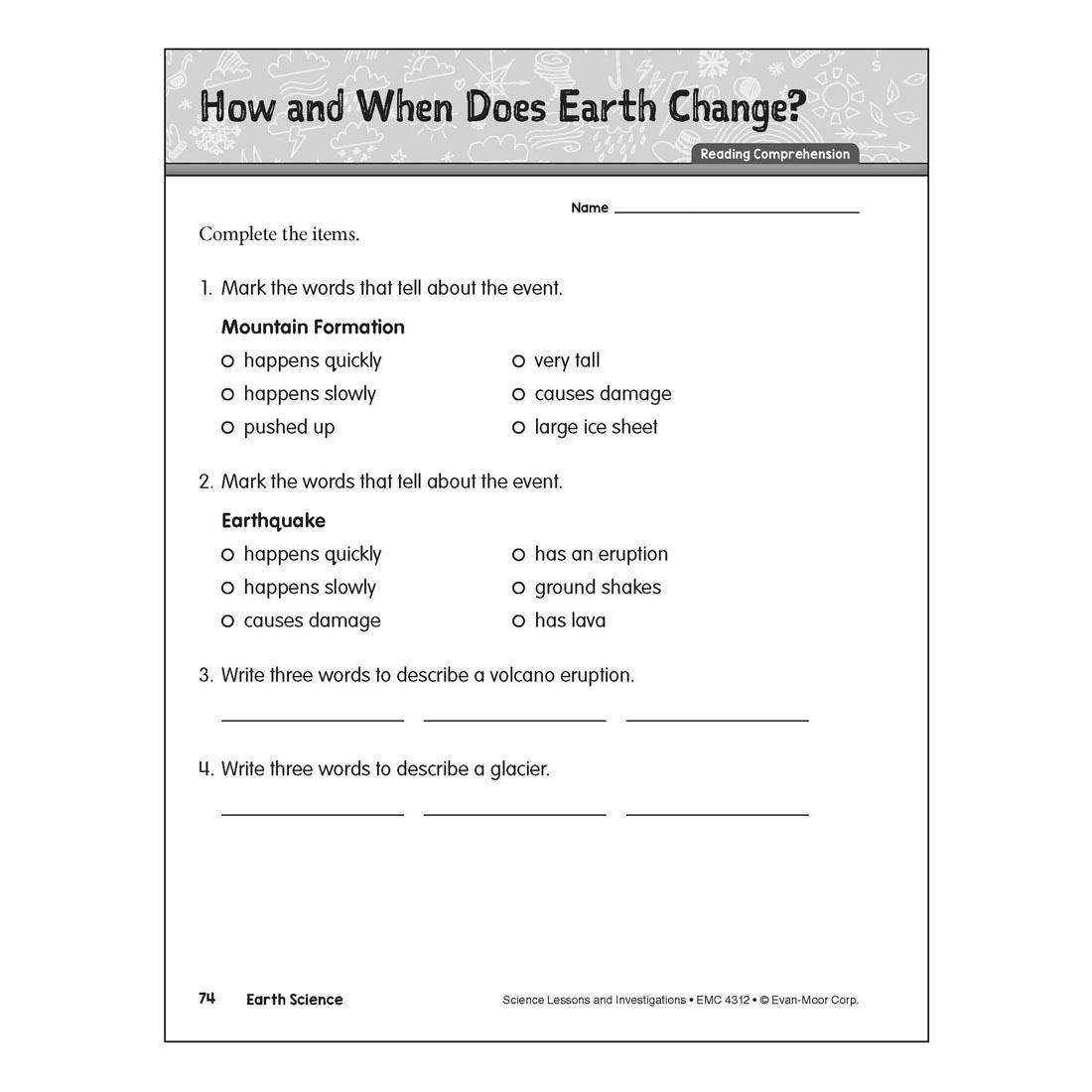 How and When Does Earth Change? page from Evan-Moor Science Lessons & Investigations Grade 2