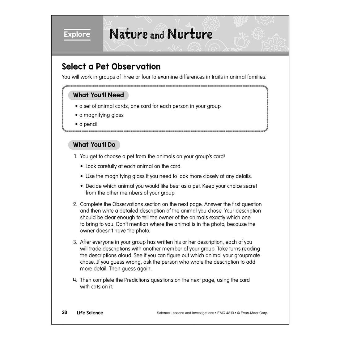 Nature and Nurture page from Evan-Moor Science Lessons & Investigations Grade 3