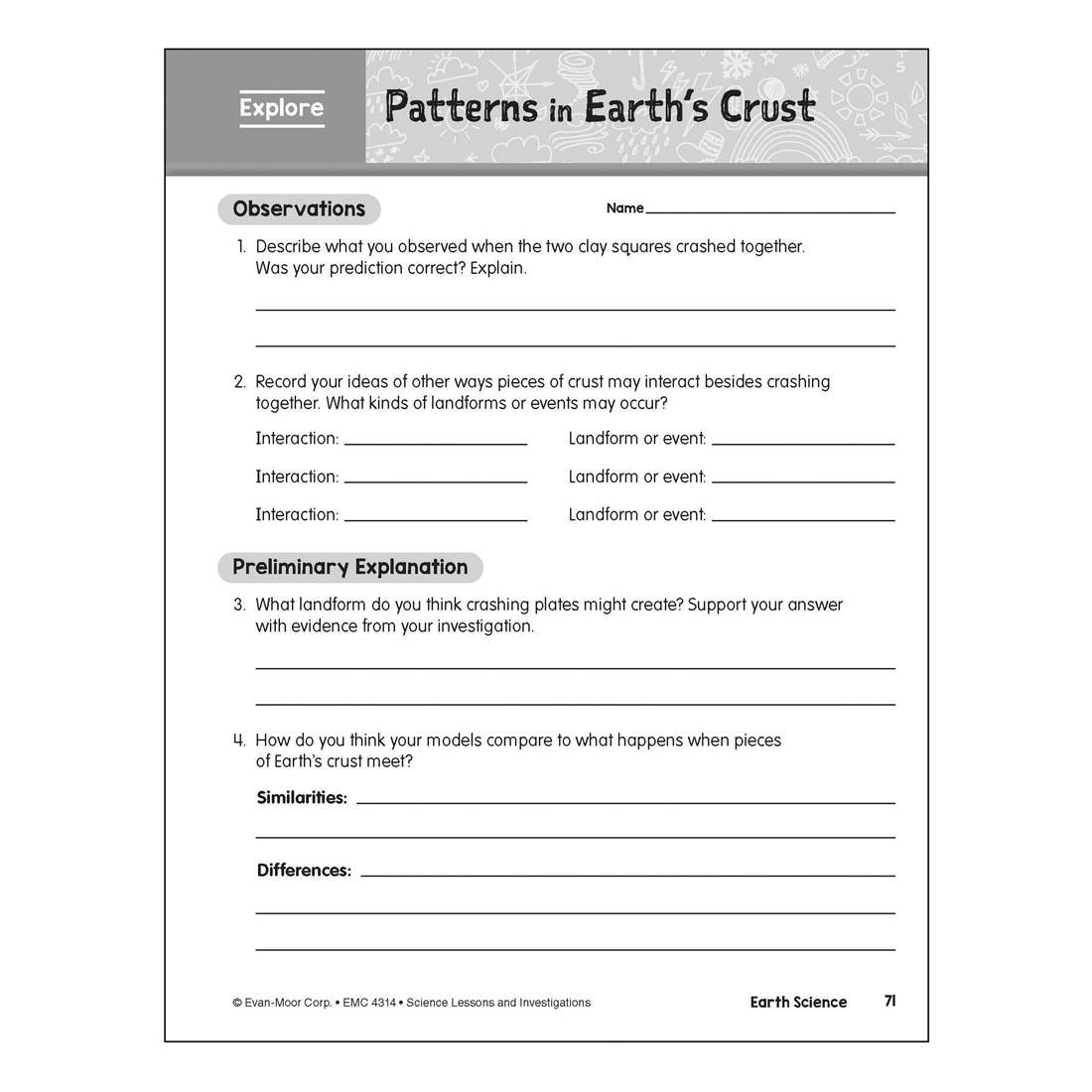 Patterns in Earth's Crust page from Evan-Moor Science Lessons & Investigations Grade 4