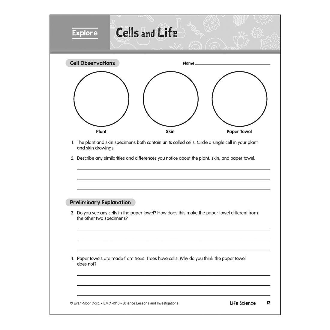 Cells and Life page from Evan-Moor Science Lessons & Investigations Grade 6