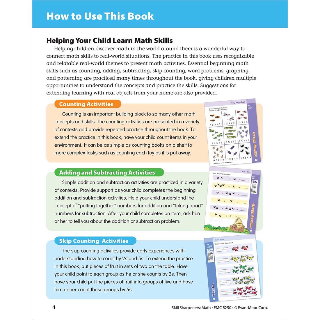 How to Use This Book page from Evan-Moor Skill Sharpeners Math Grade K