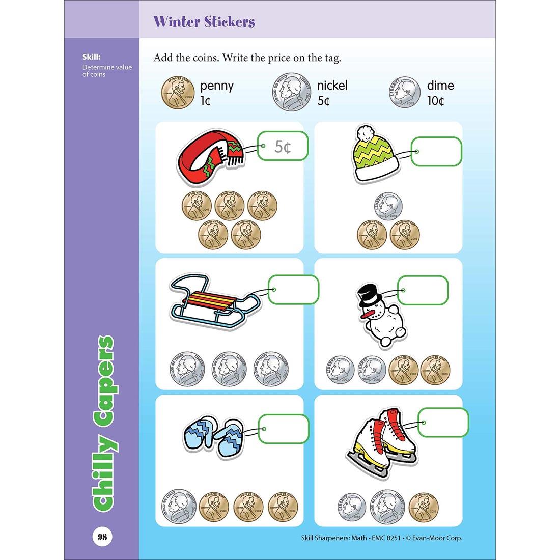 Winter Stickers page from Evan-Moor Skill Sharpeners Math Grade 1