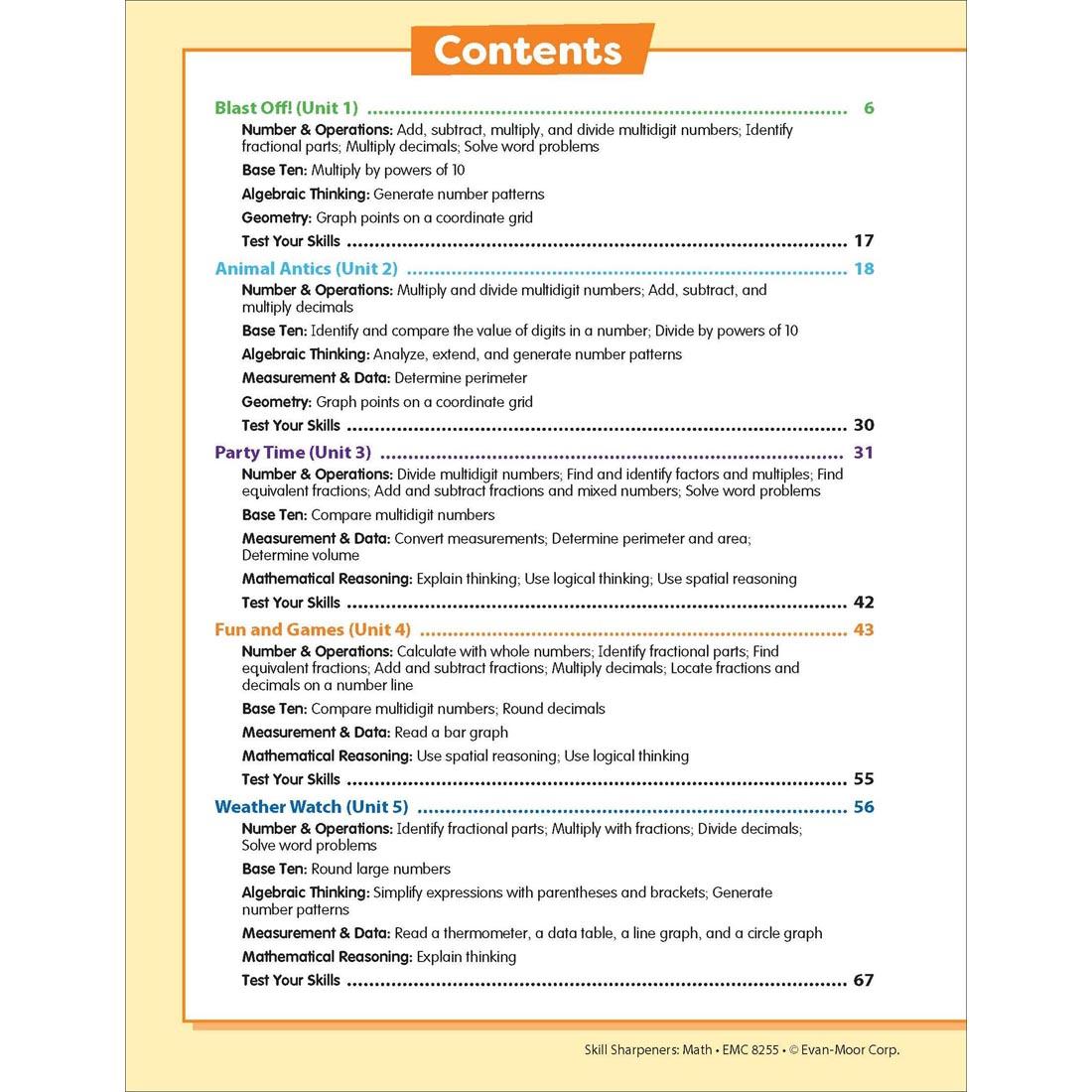 Table of Contents Page from Evan-Moor Skill Sharpeners Math Grade 5