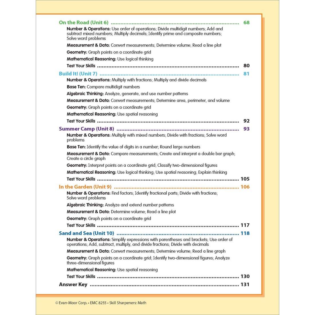 Table of Contents page from Evan-Moor Skill Sharpeners Math Grade 5