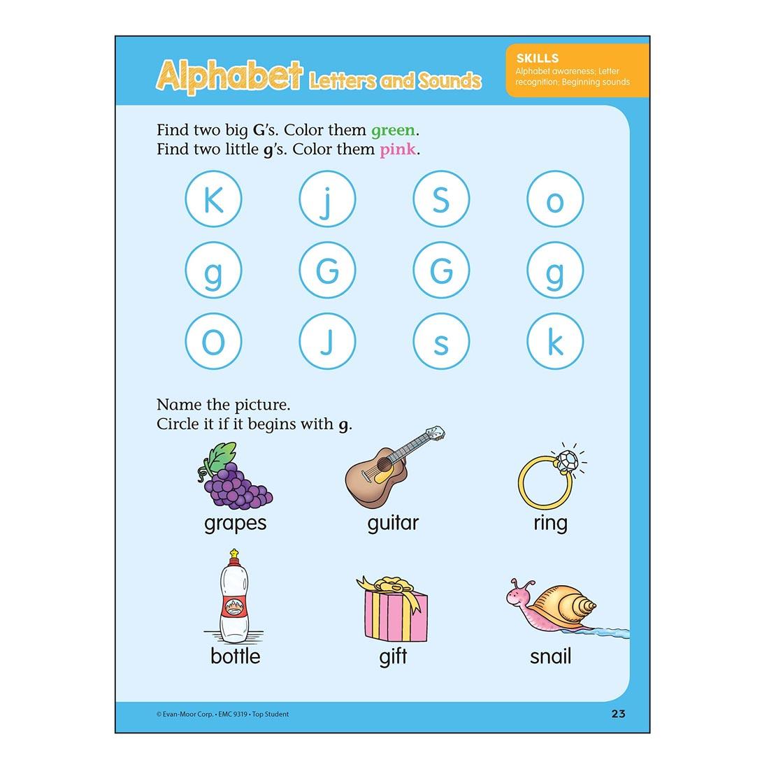 Alphabet Letters and Sounds page from Top Student PreK Workbook by Evan-Moor