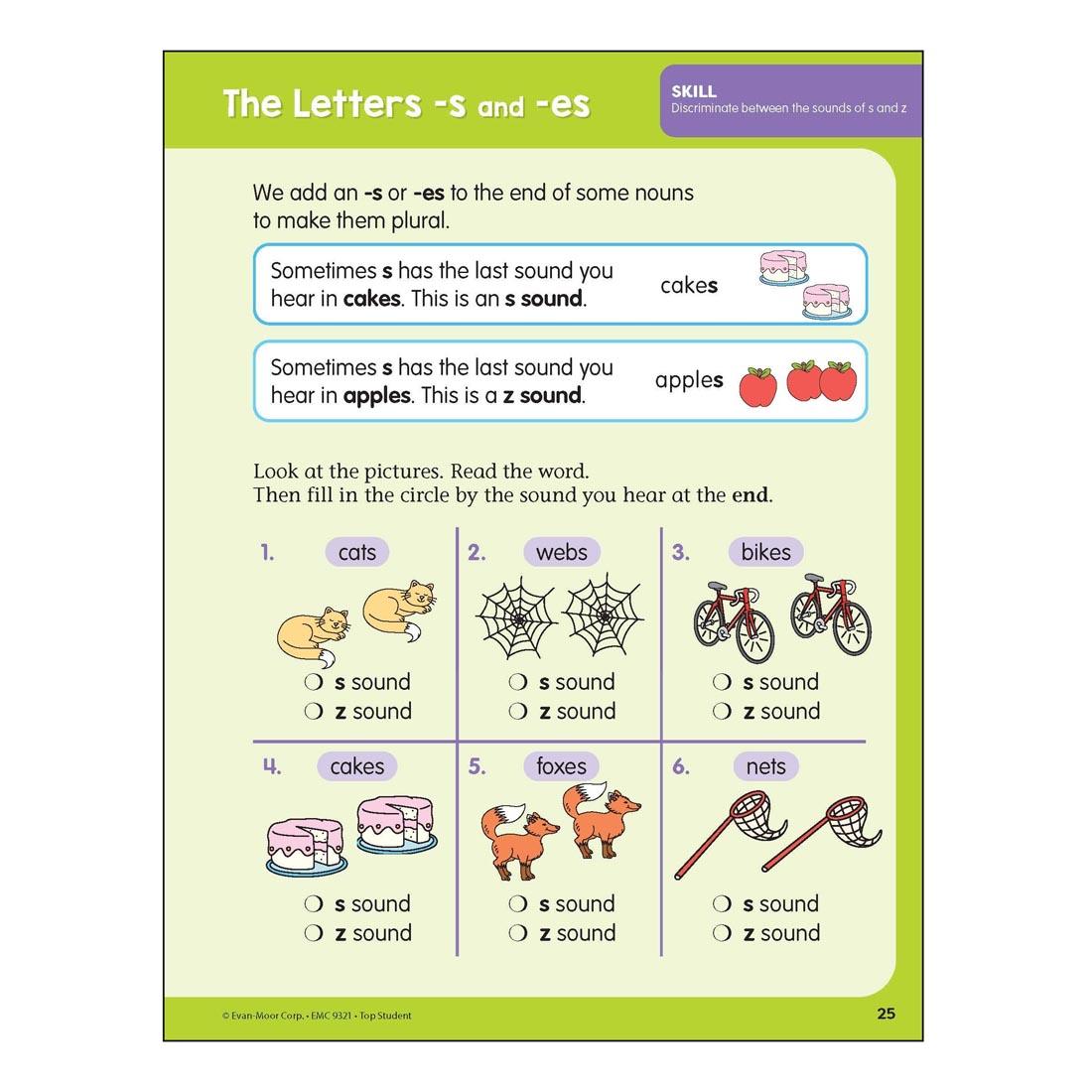 The Letters -s and -es page from Top Student Grade 1 Workbook by Evan-Moor