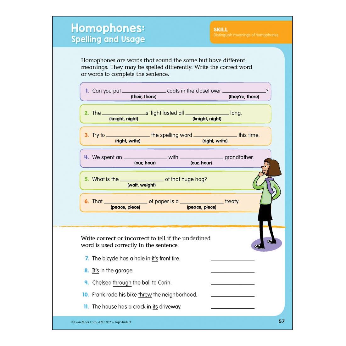 Homophones Spelling and Usage page from Top Student Grade 3 Workbook by Evan-Moor