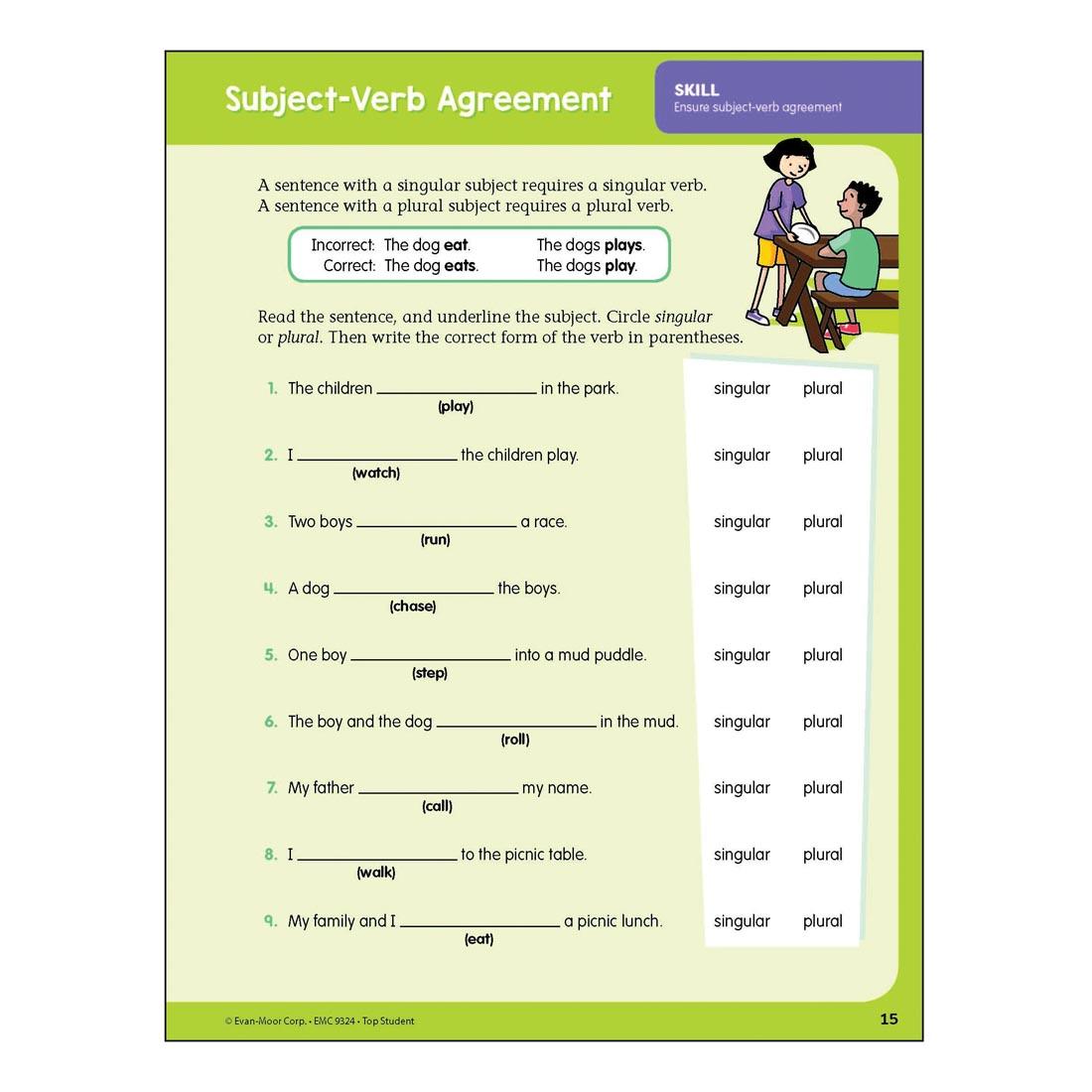 Subject-Verb Agreement page from Top Student Grade 4 Workbook by Evan-Moor