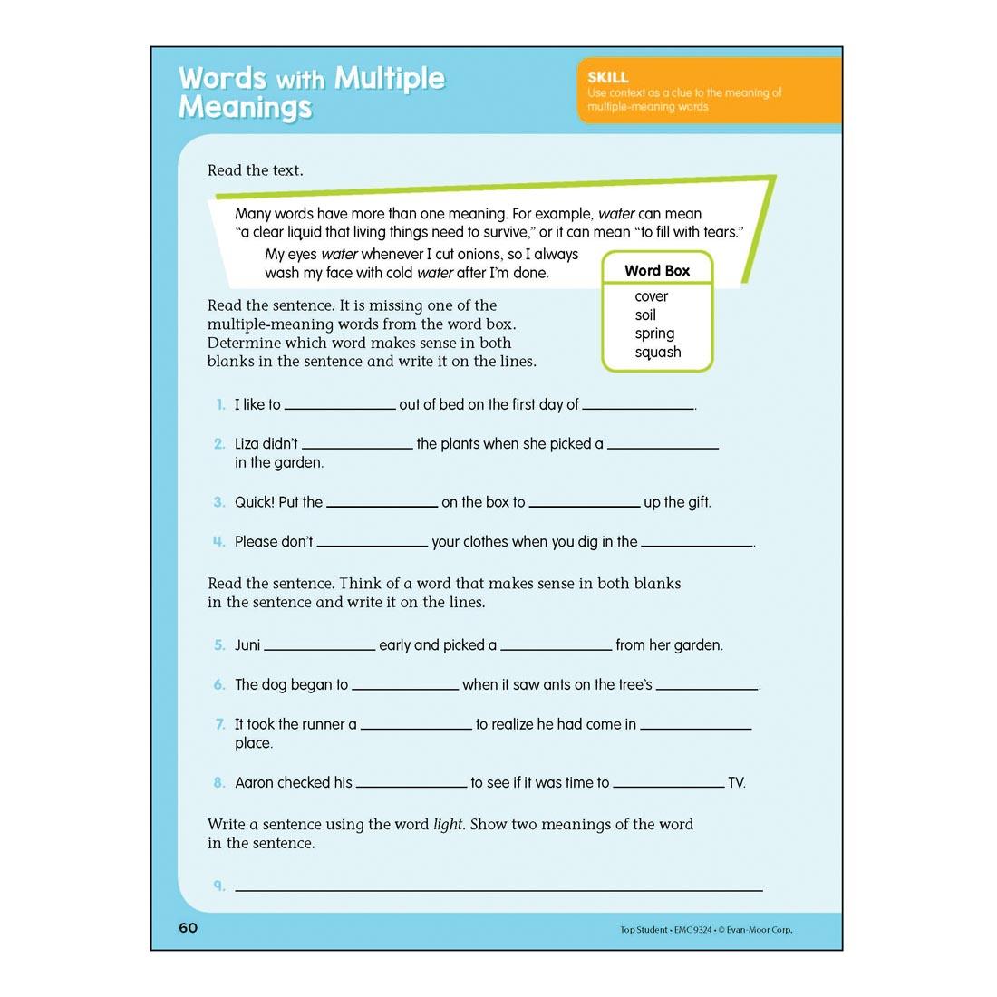 Words with Multiple Meanings page from Top Student Grade 4 Workbook by Evan-Moor