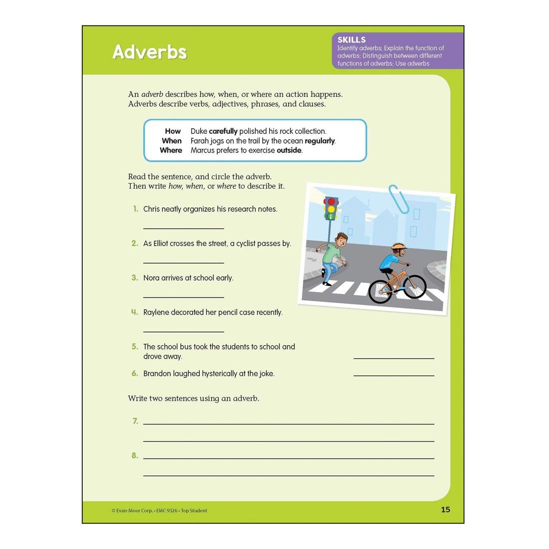 Adverbs page from Top Student Grade 6 Workbook by Evan-Moor