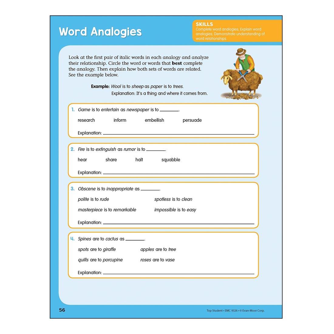 Word Analogies page from Top Student Grade 6 Workbook by Evan-Moor