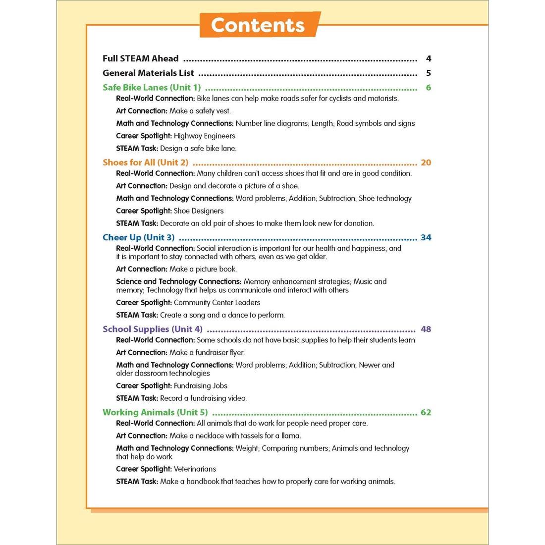 Table of Contents page from Evan-Moor Skill Sharpeners STEAM Grade 2