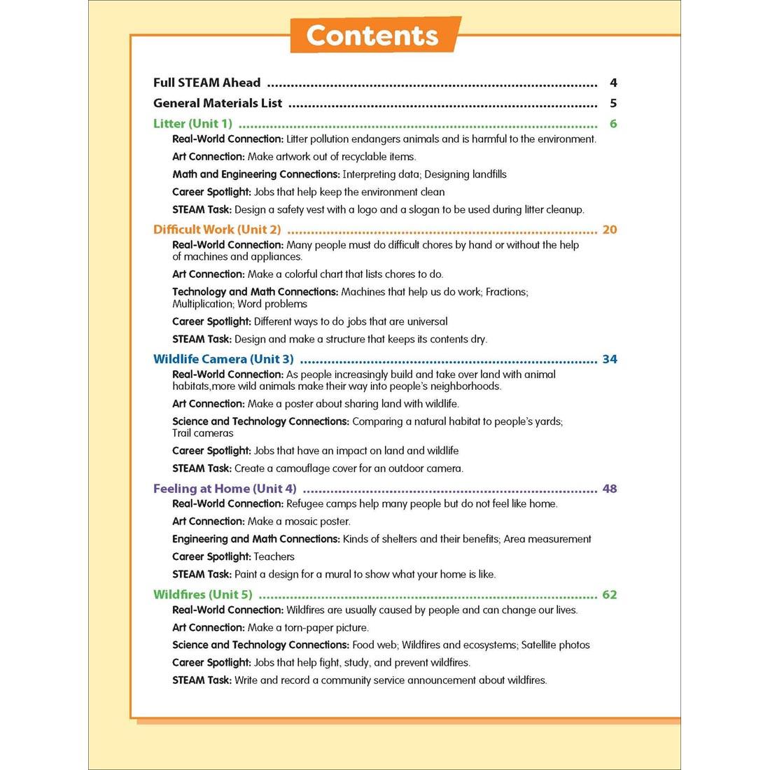 Table of Contents page from Evan-Moor Skill Sharpeners STEAM Grade 3