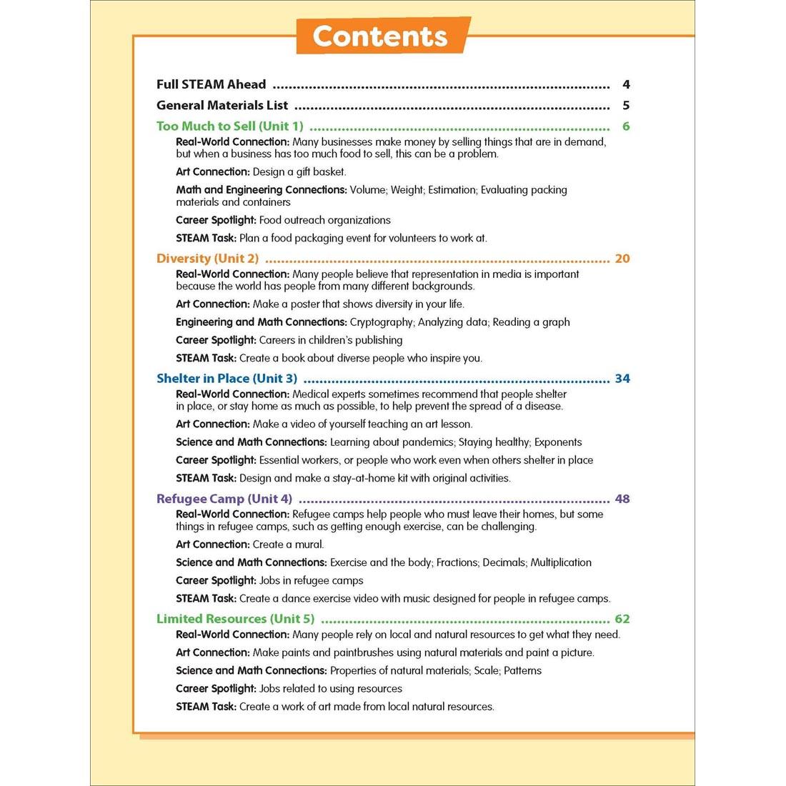 Table of Contents page from Evan-Moor Skill Sharpeners STEAM Grade 5
