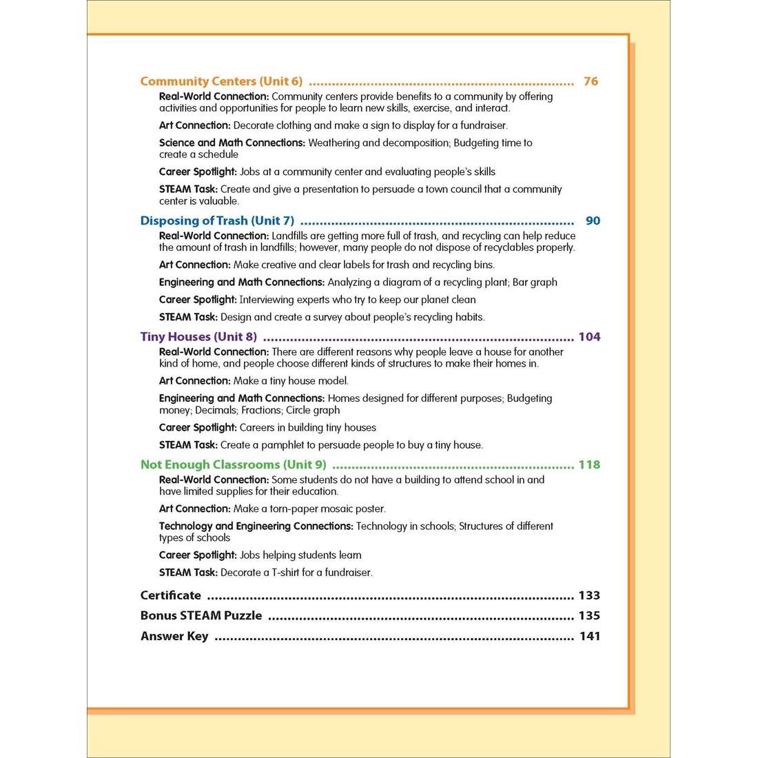 Table of Contents page from Evan-Moor Skill Sharpeners STEAM Grade 5