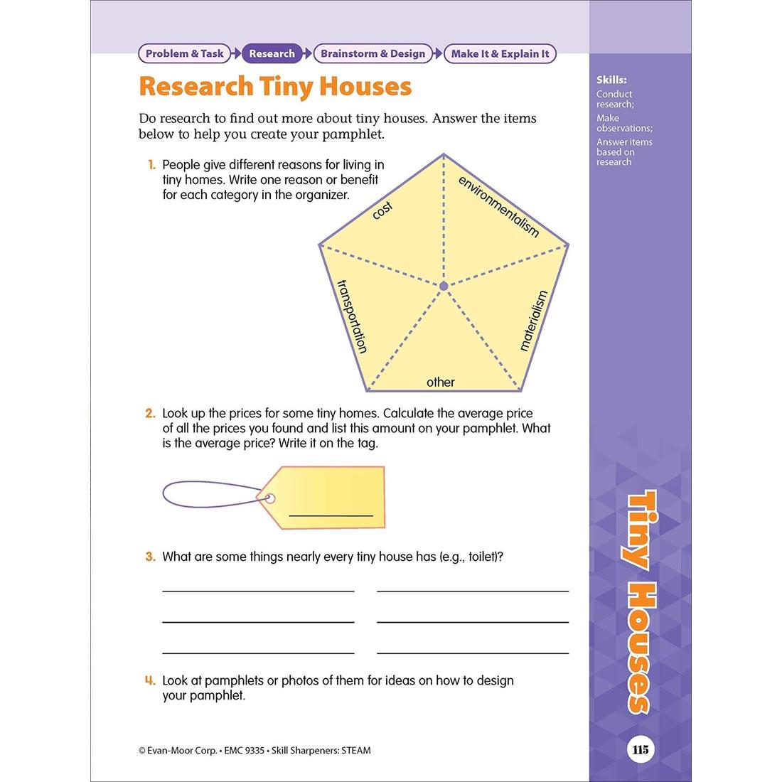 Research Tiny Houses page from Evan-Moor Skill Sharpeners STEAM Grade 5