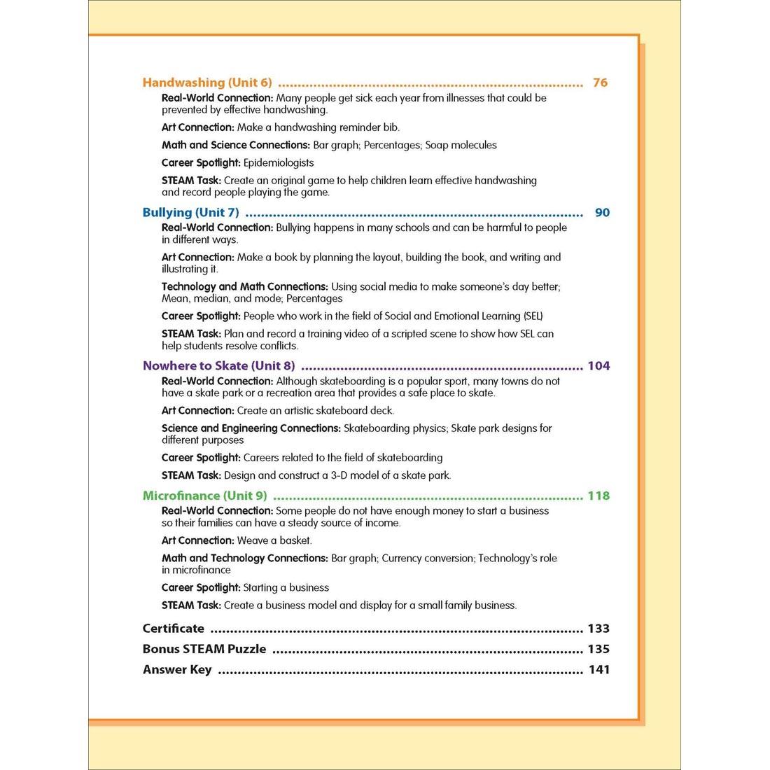 Table of Contents page from Evan-Moor Skill Sharpeners STEAM Grade 6