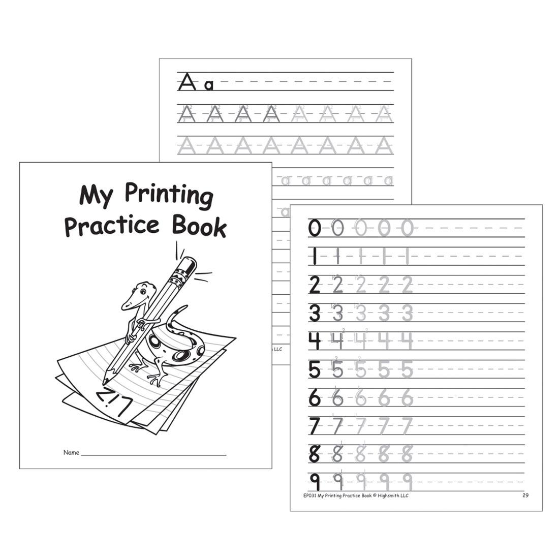 My Printing Practice Book with sample pages of the letter A and of numbers