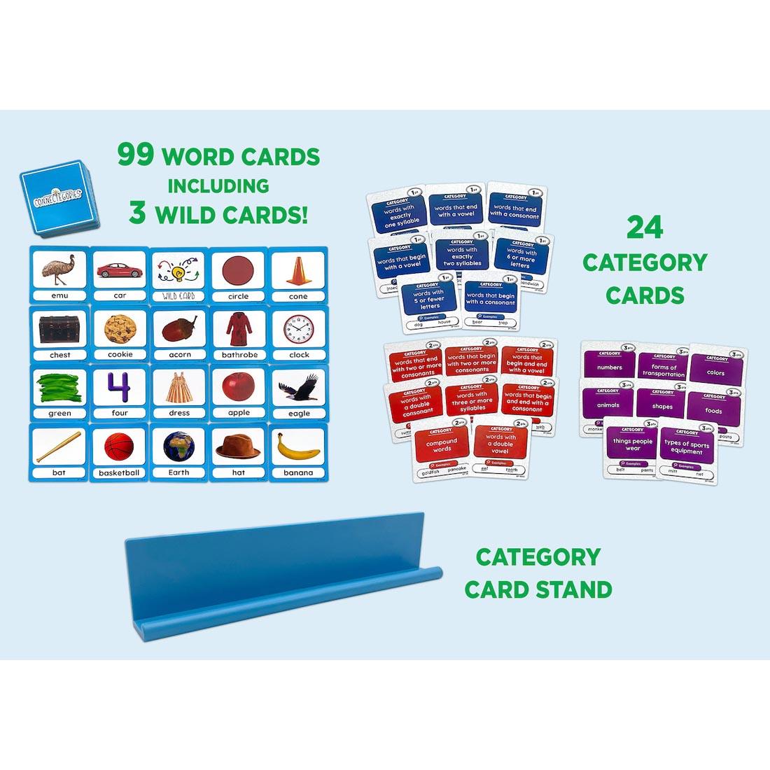 components from Connectegories Game with text: 99 word cards including 3 wild cards! 24 category cards; category card stand