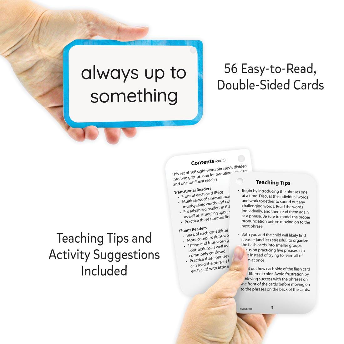 Hands holding up Sight-Word Phrases Transitional and Fluent Readers Flash Cards plus text 56 Easy-to-Read, Double-Sided Cards; Teaching Tips and Activity Suggestions Included