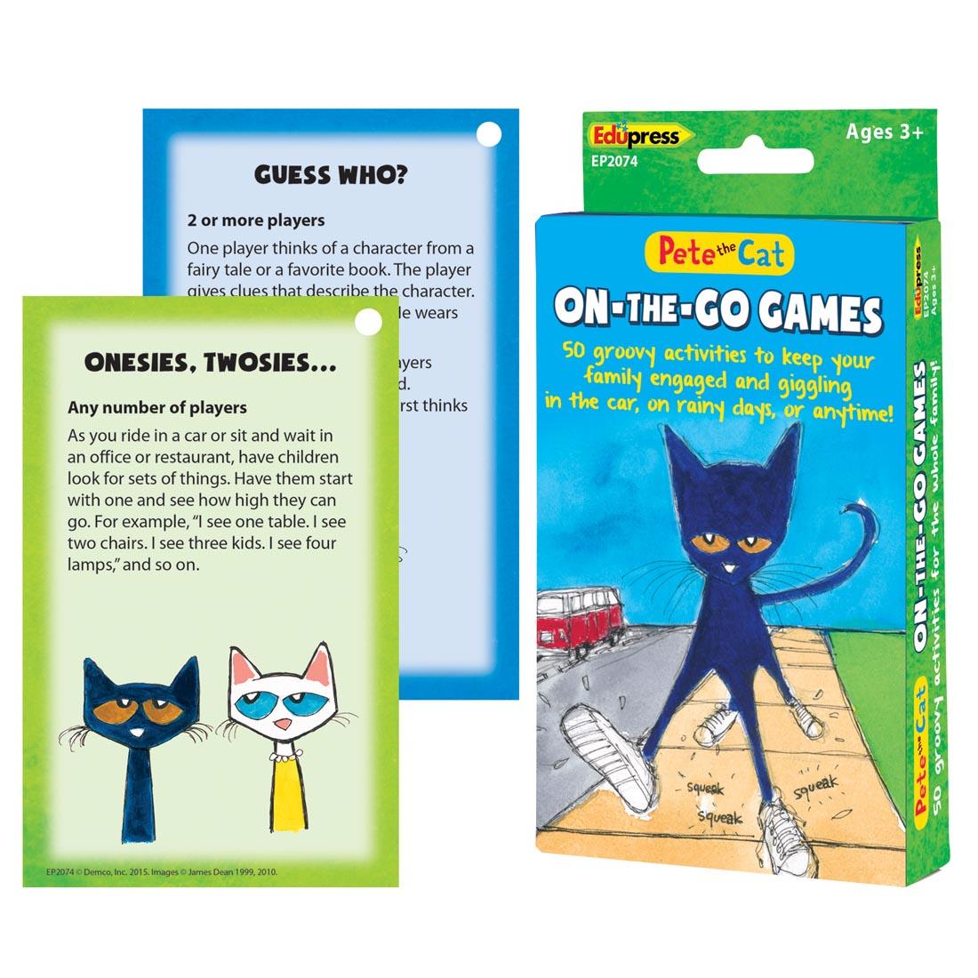 Package of Pete the Cat On-the-Go Games with sample cards of Onesies, Twosies and Guess Who?