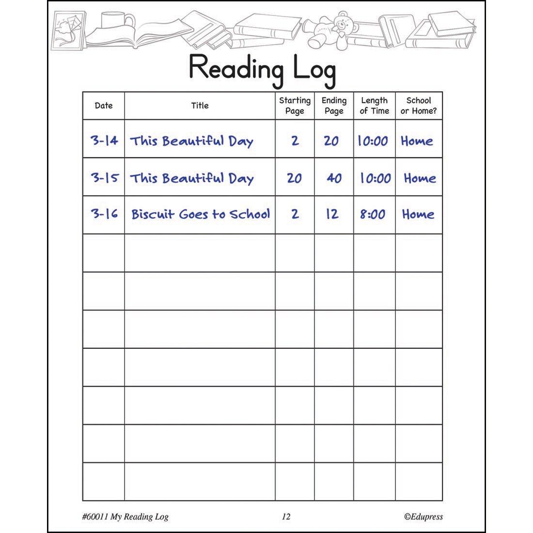 Example of recorded readings in My Reading Log