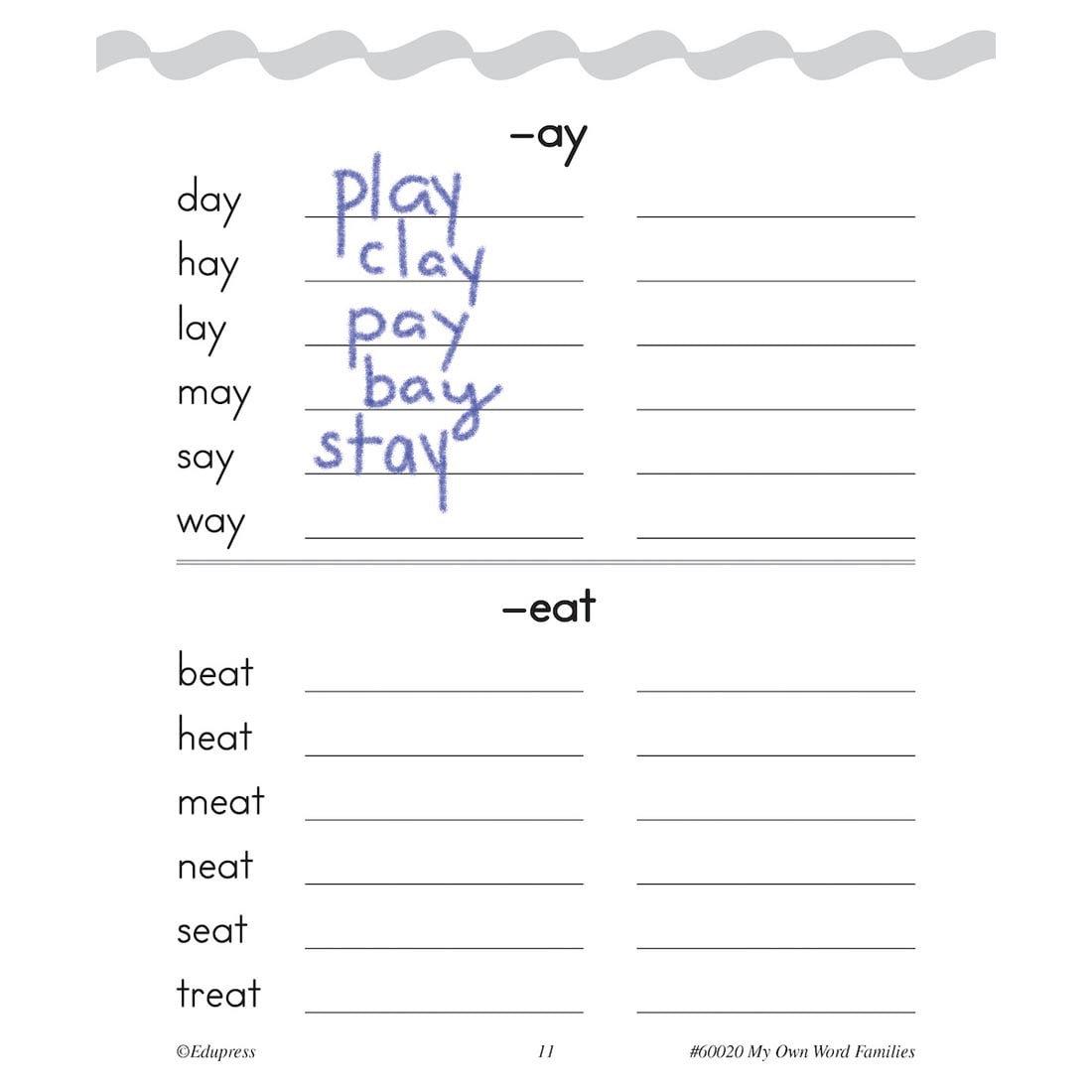 example of completed page from My Own Word Families Book