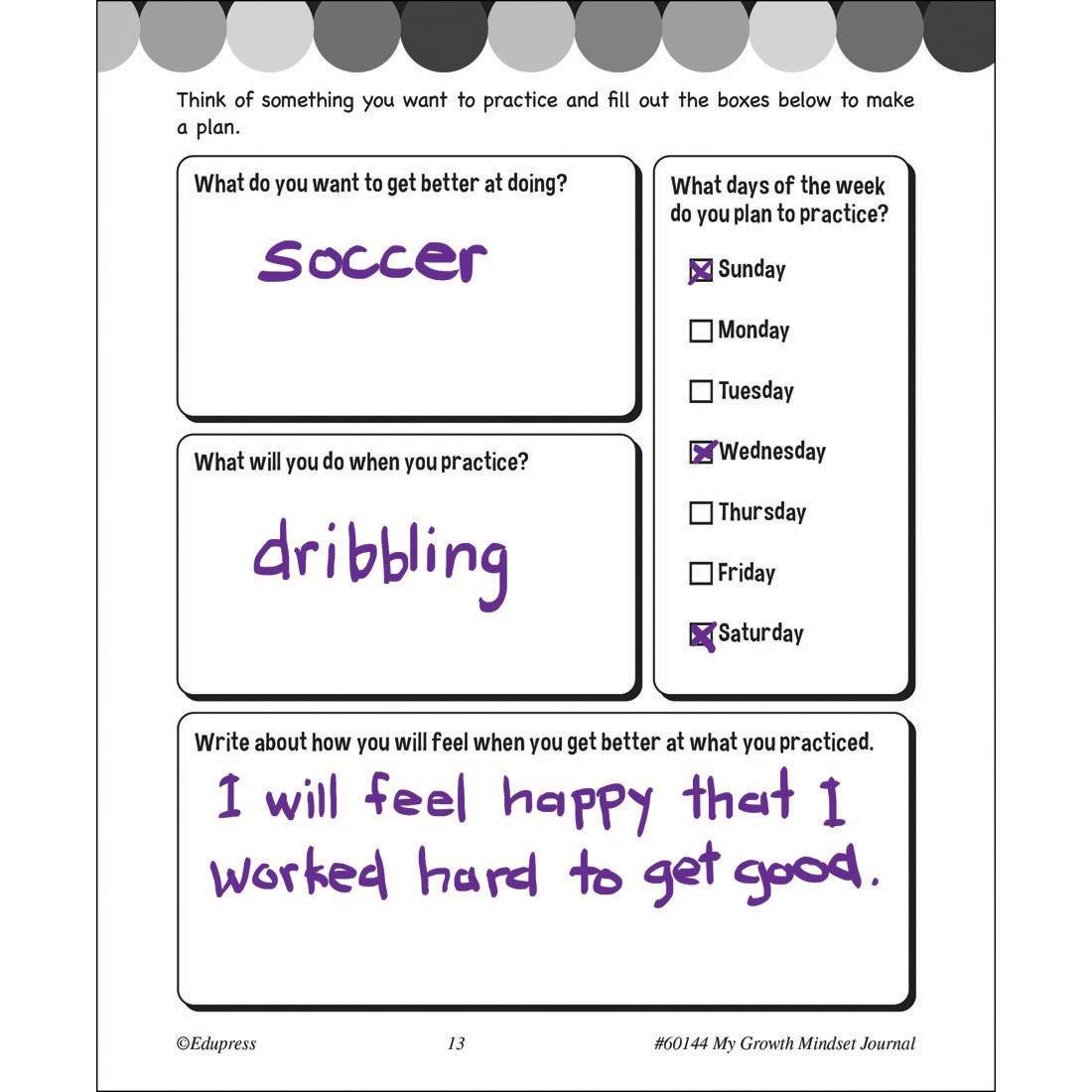 Example of a completed page from My Growth Mindset Journal