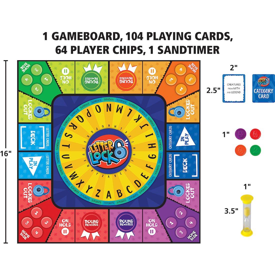 components of the Letter Lock Board Game each labeled with their measurements plus text 1 gameboard, 104 playing cards, 64 player chips, 1 sandtimer