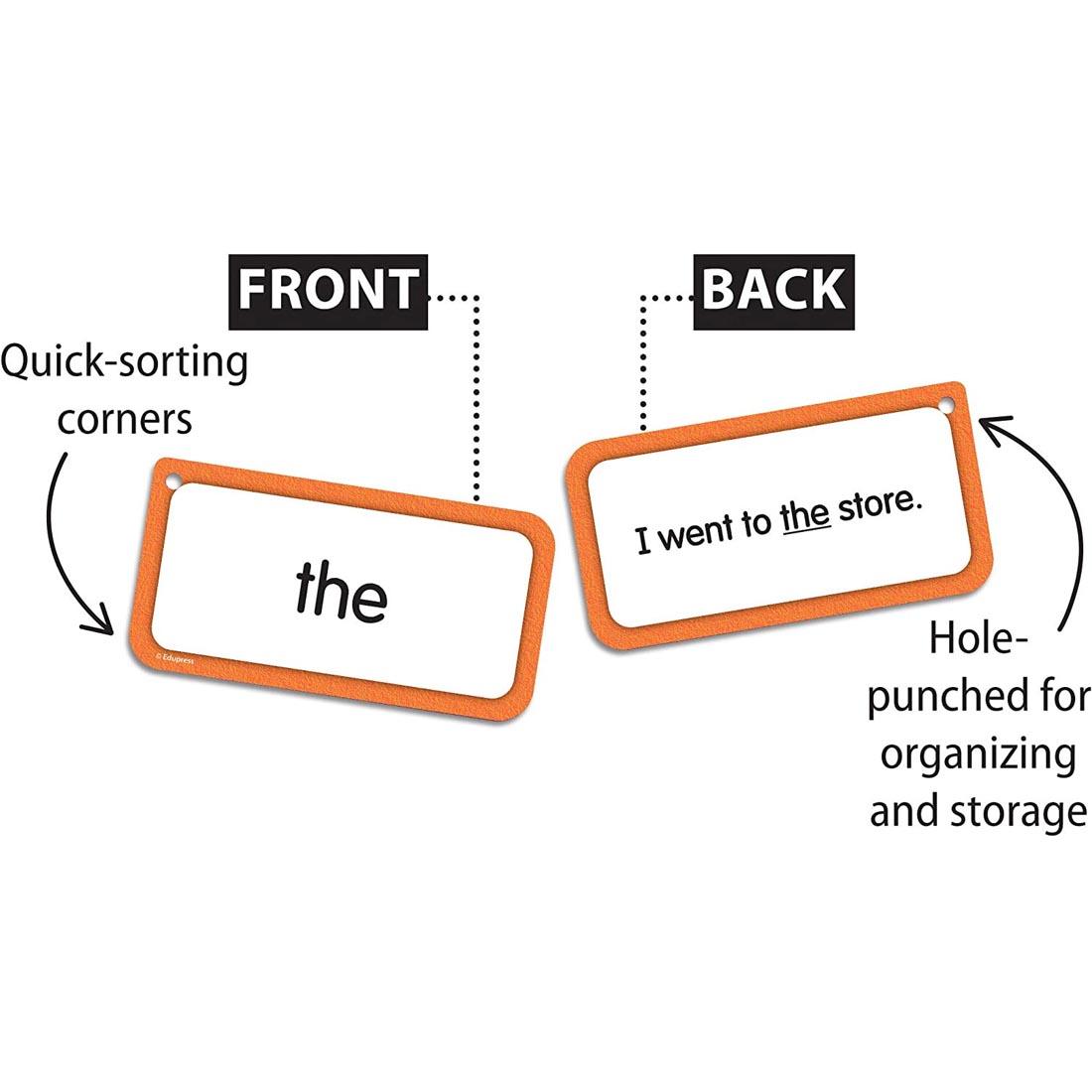 Front and back of an example Level 1 Sight Words Flash Card