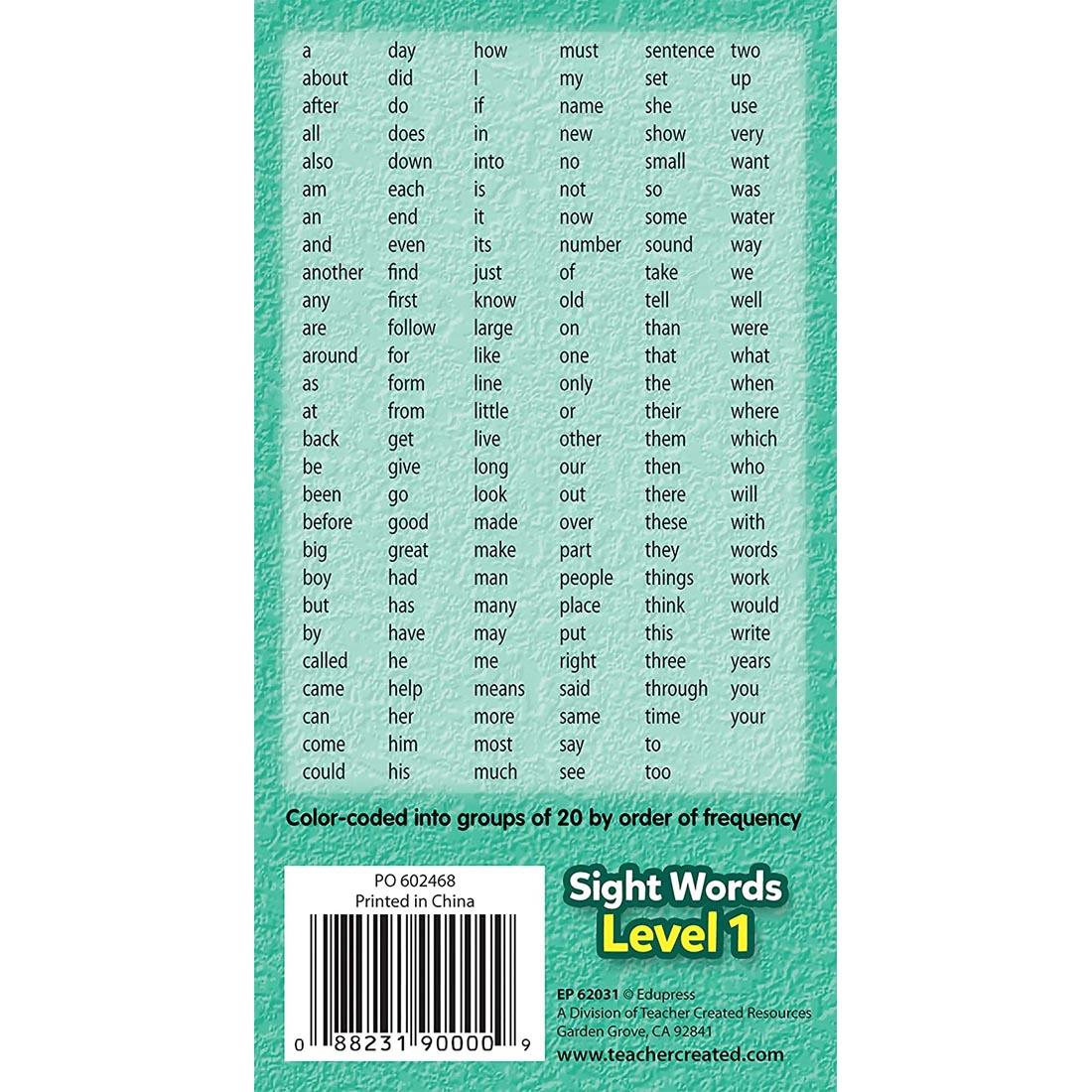 Back of package of the Level 1 Sight Words Flash Cards