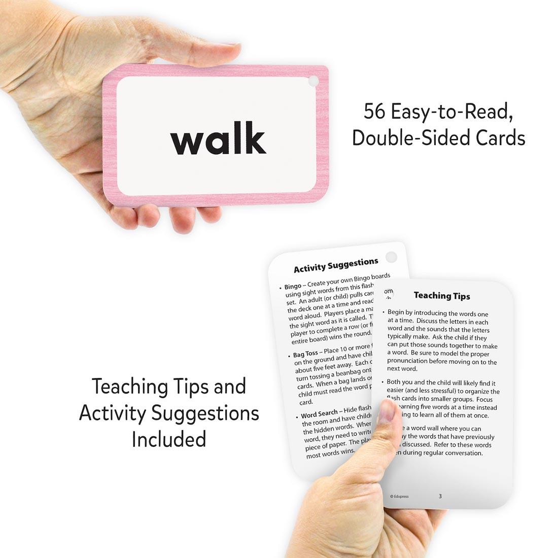 hands holding a Sight Words Level A Flash Cards plus text 56 Easy-to-Read, Double-Sided Cards; Teaching Tips and Activity Suggestions Included