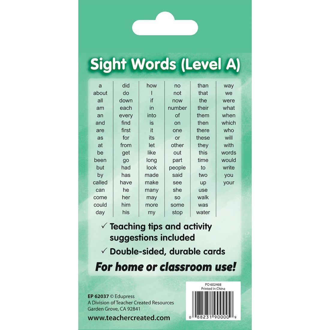 back of package for Sight Words Level A Flash Cards