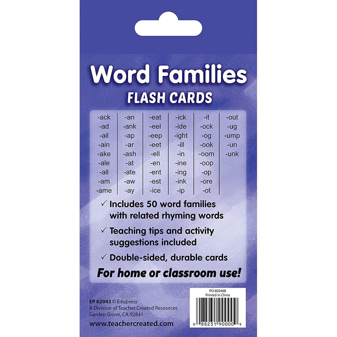 Back of package of Word Families Flash Cards