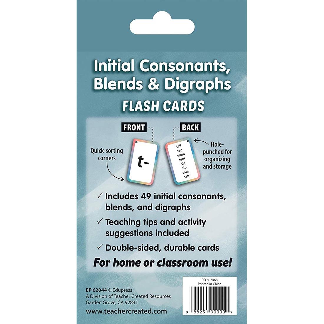 Back of package of Initial Consonants, Blends & Digraphs Flash Cards