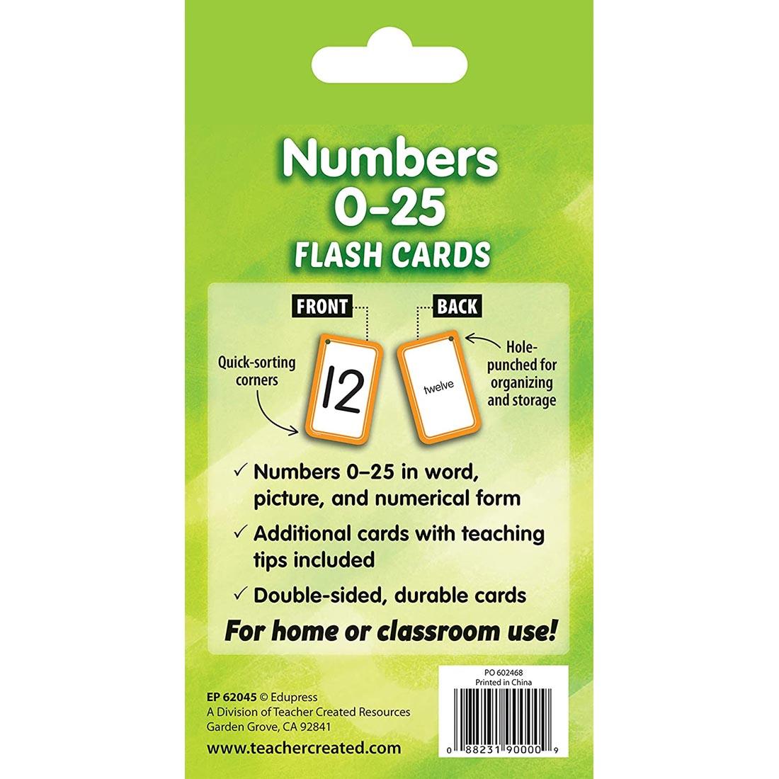 Back of package of Numbers 0-25 Flash Cards