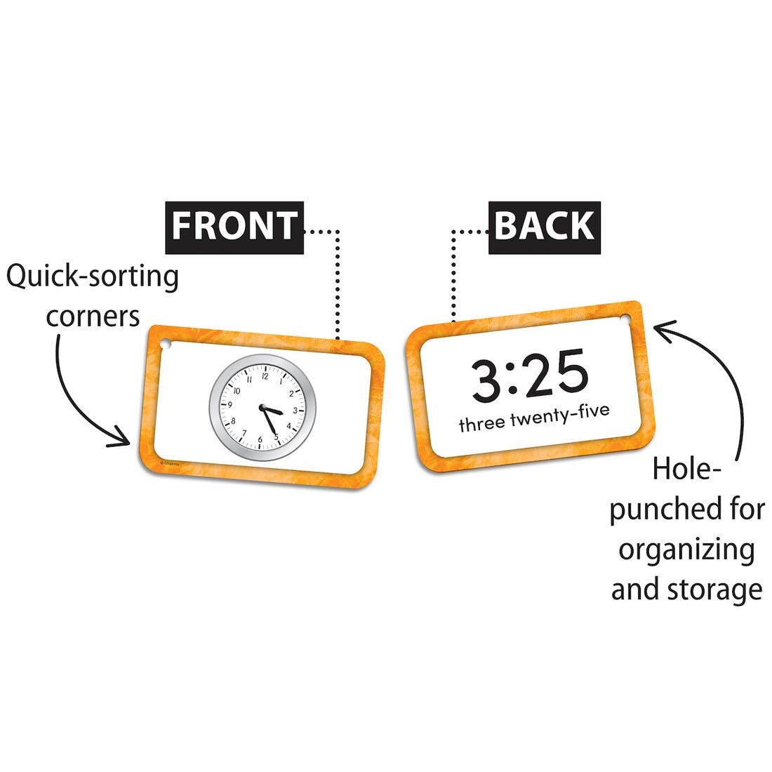 2 Time Flash Cards labeled front and back plus text Quick-sorting corners; Hole-punched for organizing and storage