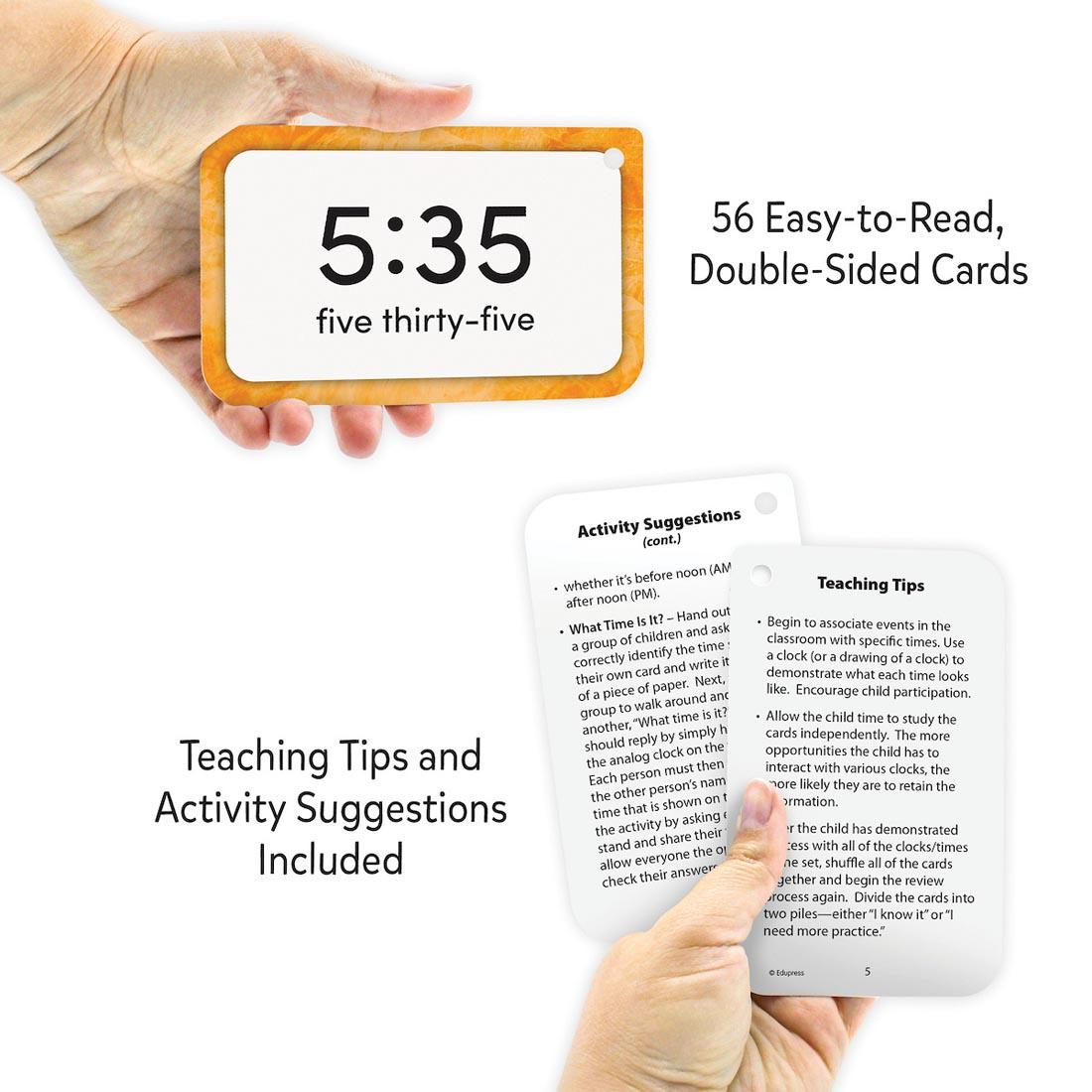hands holding 2 Time Flash Cards plus text 56 Easy-to-Read, Double-Sided Cards; Teaching Tips and Activity Suggestions Included
