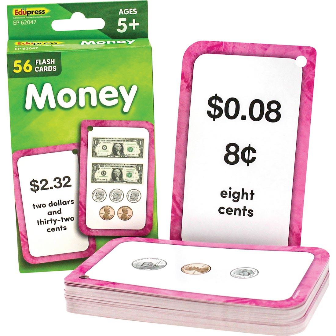 package of Money Flash Cards beside stack of cards